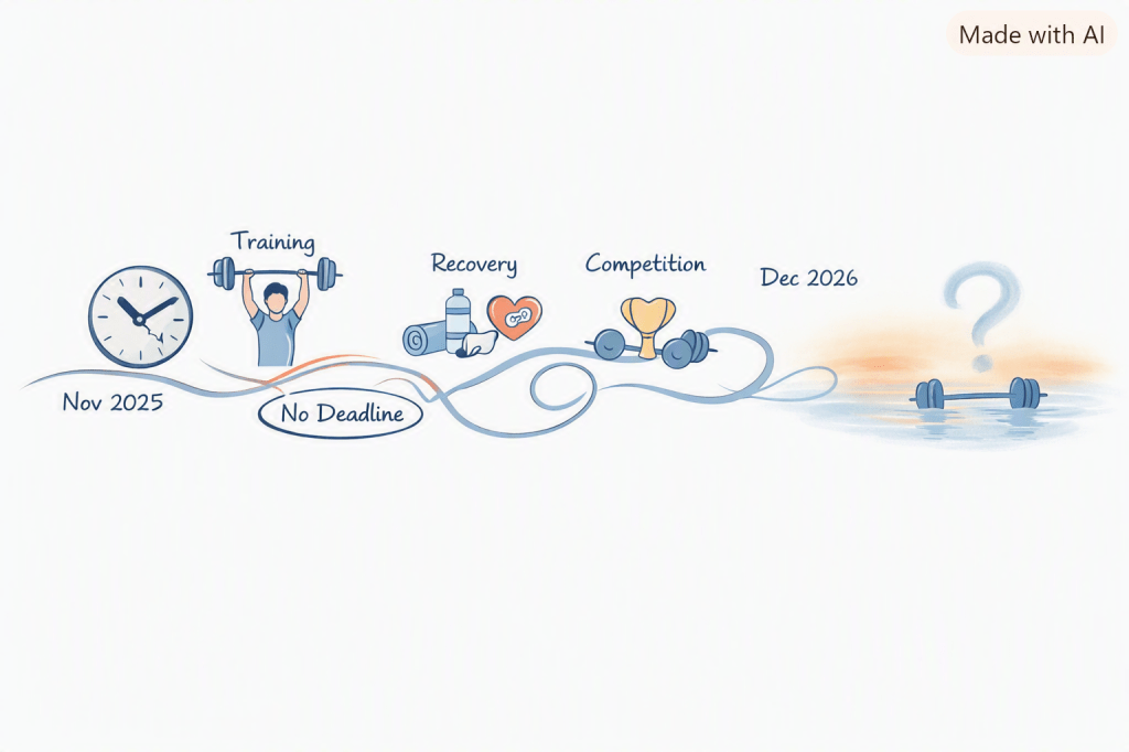 Minimalist, hand-drawn, non-linear timeline of a person’s weightlifting journey from November 2025 to December 2026. No deadlines, no checkmarks, no straight lines — just flowing, wavy paths with icons for training, recovery, and competition. At the far end, the looping line dissolves into a horizon of light orange, symbolizing possibility without pressure.